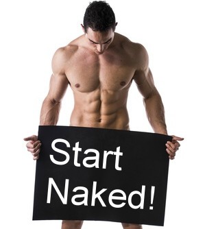 Man, naked, carrying sign
