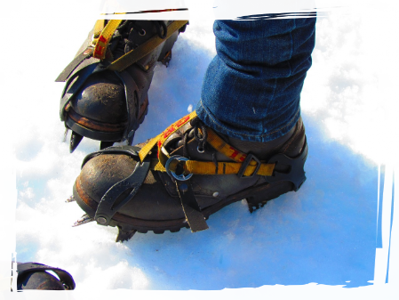 Low grade crampons on the snow