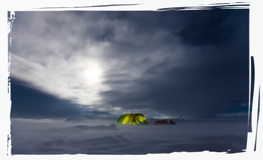 Camping tent in the frozen outdoors